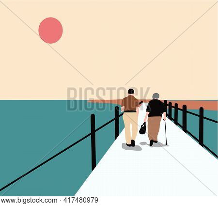 Two Men Walking On A Bridge In A Park On A Sunny Day With Walker. Holiday Together.