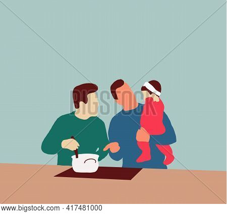 Young Lgbt Family At Home. Gay Couple With Their Adopted Cute Daughters Cooking On Kitchen. Same-sex