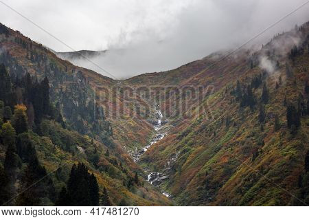 Ayder Plateau Natural Gelintulu Waterfall Surrounded By Autumn Colors Near Rize, Turkey.