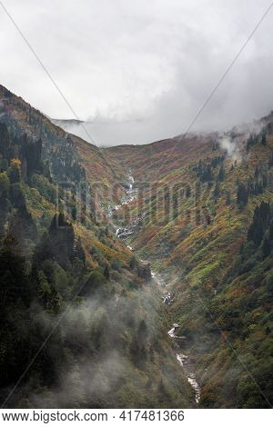 Ayder Plateau Natural Gelintulu Waterfall Surrounded By Autumn Colors Near Rize, Turkey.