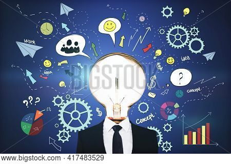 Idea And Innovation Concept With Glowing Light Bulb On Man Body Shoulders And Colorful Background Wi