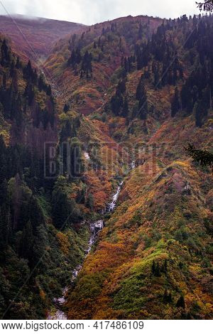 Ayder Plateau Natural Gelintulu Waterfall Surrounded By Autumn Colors Near Rize, Turkey.