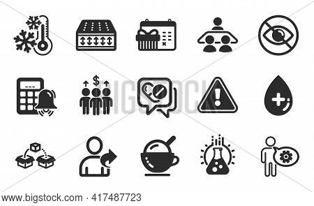 Meeting, Chemistry Lab And Ice Cream Icons Simple Set. Christmas Calendar, Interview Job And Medical