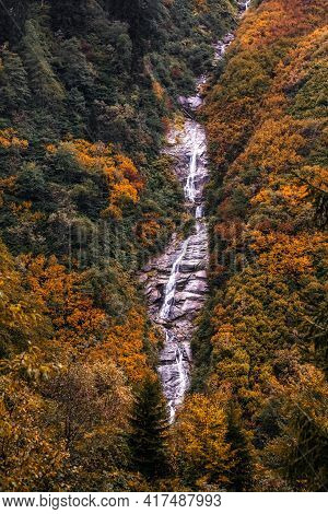 Ayder Plateau Natural Gelintulu Waterfall Surrounded By Autumn Colors Near Rize, Turkey.