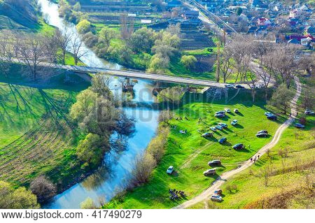 Picnic In Village Trebujeni From Moldova . Aerial View Of Rural Area And People On The Riverside
