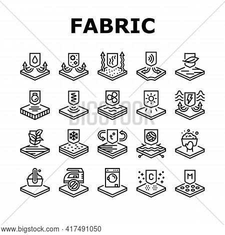 Fabrics Properties Collection Icons Set Vector. Elastic And Stretched, Warm And Cool, Antibacterial 