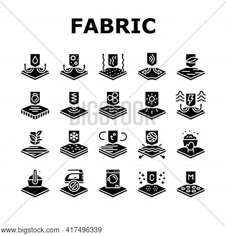 Fabrics Properties Collection Icons Set Vector. Elastic And Stretched, Warm And Cool, Antibacterial 