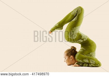 Contortionist Flexible Circus Performer, Acrobat Dancer In Green Costume, Yoga Woman Gymnast Beige B