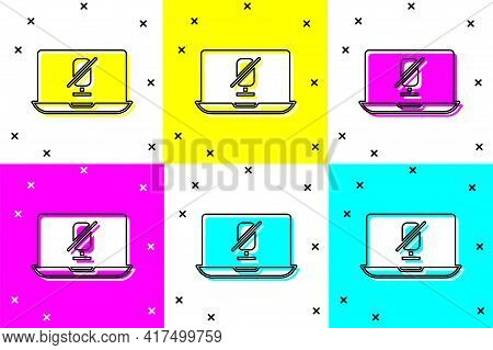 Set Mute Microphone On Laptop Icon Isolated On Color Background. Microphone Audio Muted. Vector