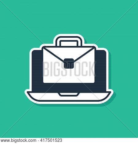 Blue Online Working Icon Isolated On Green Background. Freelancer Man Working On Laptop At His House