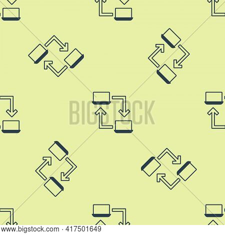 Blue Online Working Icon Isolated Seamless Pattern On Yellow Background. Freelancer Man Working On L