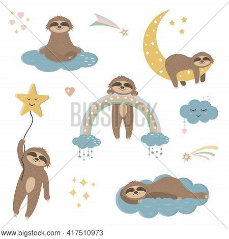 Set Of Cute Sleeping Leninists On The Moon, On A Cloud, Star, Rainbow Isolated On A White Background