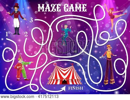 Circus Labyrinth Maze Game. Vector Kids Boardgame Help Artists Reach Big Top Tent. Children Test Wit
