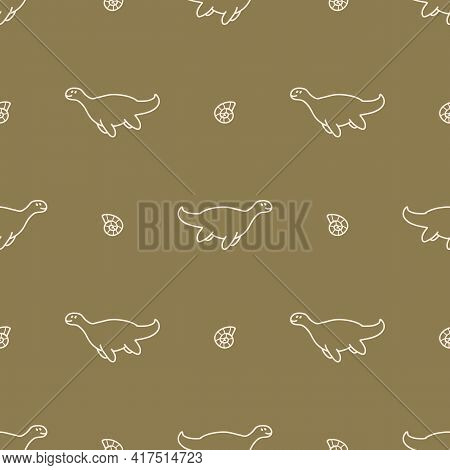 Seamless Background Plesiosaurus Dinosaur With Fossil Gender Neutral Baby Pattern. Simple Whimsical 