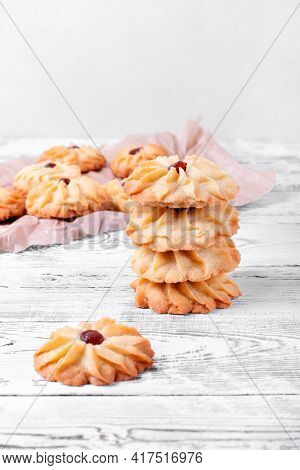 Kurabiye Cookies On The White Wooden Table. Azerbaijan Cuisine Pastry