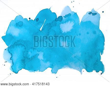 Hand Painted Blue Watercolor Background, Watercolor Spot, Splashes. Watercolor Texture On White Back