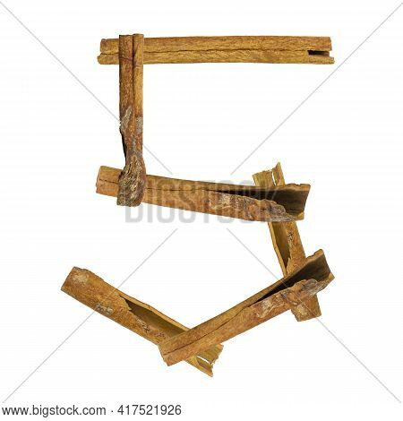 Cinnamon Font. Digit Five, 5, Made From Pieces Of Cinnamon On White Isolated. Spice Font Set.