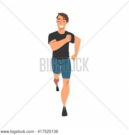 Front View Of Smiling Running Man, Male Athlete In Sports Uniform Running Marathon, Training, Joggin
