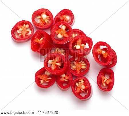Sliced Red Chilli Cayenne Pepper Isolated On White Background
