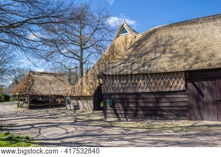 Orvelte, Netherlands - April 16, 2021: Large Historic Farm With Thatched Roof In Orvelte, Netherland