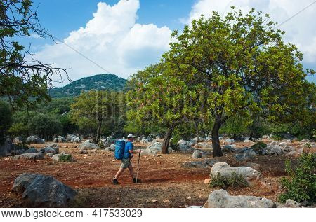 Hiking Lycian way. Man is walking on terracotta rocky land on stretch between Kas and Ucagiz of Lycian way trail, Trekking in Turkey, outdoor activity