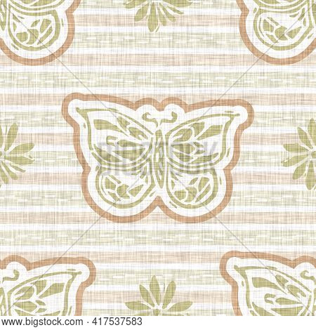 Seamless Linen Butterfly Blockprint Pattern Background. Calm Pale Tonal Pastel Color Wallpaper. Simp