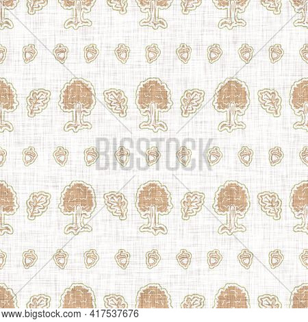 Seamless Linen Tree Blockprint Pattern Background. Calm Pale Tonal Pastel Color Wallpaper. Simple Mo
