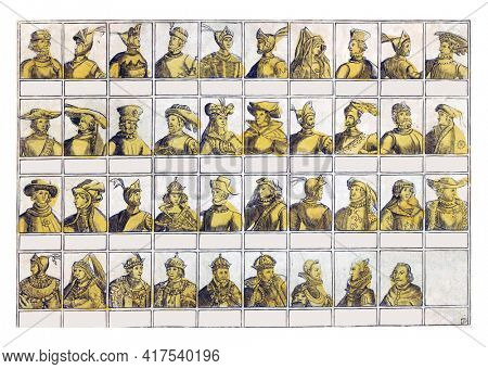 Portraits of the Counts of Holland, vintage engraving.
