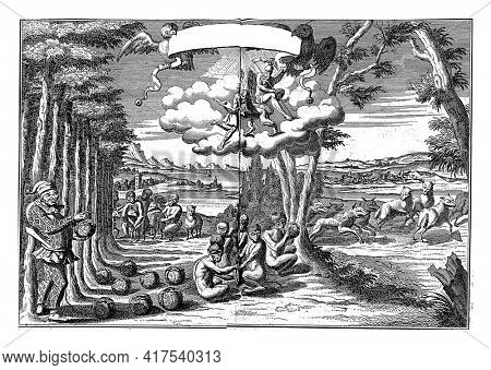 The smiling Aesop at the cabbage meal at the farewell of the Action Monkeys, vintage engraving.