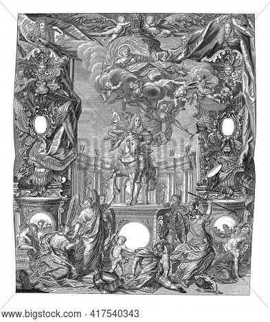 Allegory in honor of Emperor Charles VI at the Peace of Rastatt, 1714, vintage engraving.