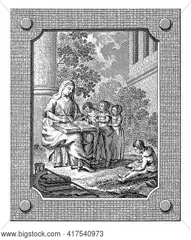 Title page for: J. Hazeu, History of revolutions in patriotic conversations for children, vintage engraving.
