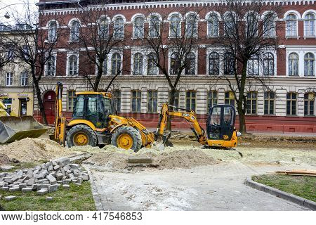 Construction Work On The Construction Of New Roads And Laying Of Tram Rails In Lviv, Ukraine