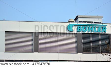 Warsaw, Poland. 19 April 2021. Sign Buhler. Company Signboard Buhler.