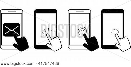 Icon, Hand On The Phone With A Touch Screen. Click Your Finger. Smart Gadget. Swipe.modern Technolog