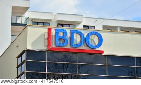 Warsaw, Poland. 19 April 2021. Sign Bdo. Company Signboard Bdo.