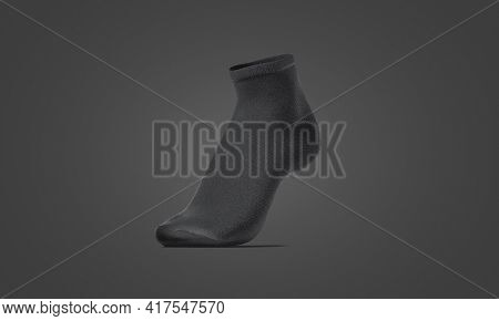 Blank Black Ancle Socks On Tiptoe Mockup, Dark Background, 3d Rendering. Empty Cozy Ankle Footwear M
