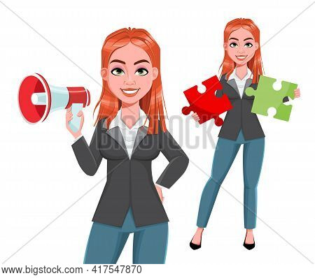 Beautiful Business Woman, Set Of Two Poses. Cheerful Businesswoman Cartoon Character. Stock Vector I