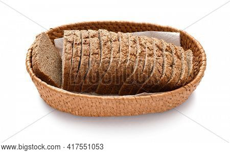 sliced rye bread in a wicker basket, isolated on a white background