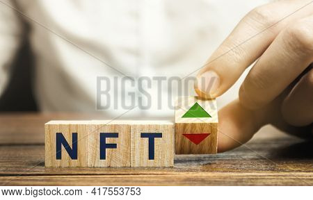 Woodens Block Nft And Up, Down Arrow - Non-fungible Token. Digitally Represented Product Or Asset. S