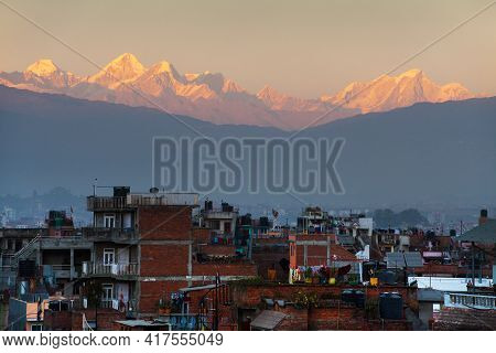 Evening Panoramic View Of Patan Or Pathan Town And Kathmandu City With Himalayas Mountains, Nepal