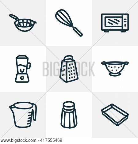Dishware Icons Line Style Set With Baking Sheet, Colander, Microwave Beater Elements. Isolated Vecto