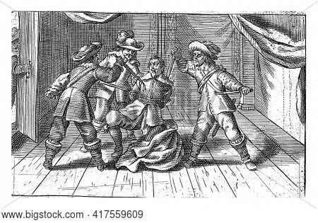 Title page of the pamphlet Tragedic History of the assassination of Sebastiaen de la Ruelle, mayor of Liege, vintage engraving.