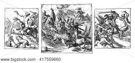 Dutch answer to the French cartoon The incurable disease, 1673, vintage engraving.