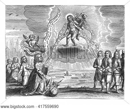 Cartoon on Oliver Cromwell and Cardinal Mazarin, 1656, vintage engraving.