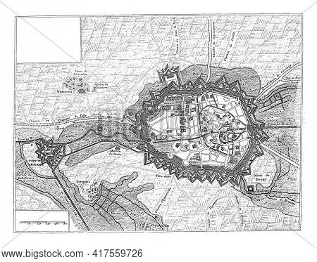 Map of Douai, vintage engraving.