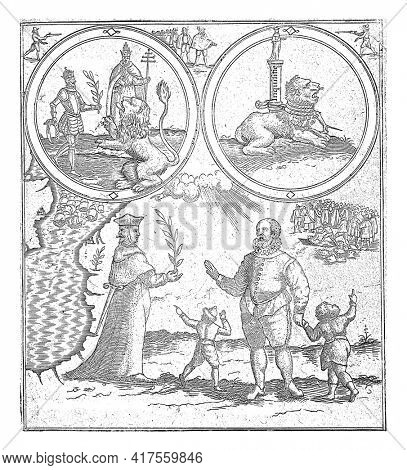Allegory to the deceptive peace proposals by Spain, 1598, vintage engraving.