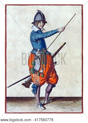 A soldier, full-length, to the right, holding a rudder  with left hand by left thigh and bringing right hand to the end of ramrod, which he rests against his right side