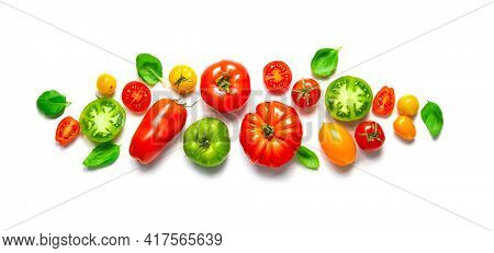 Fresh ripe tomatoes of different varieties with basil leaves isolated on white panoramic background. Applicable for kitchen glass back wall, splash back