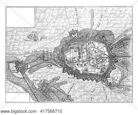 Map of Douai, vintage engraving.
