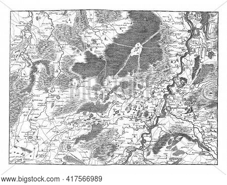 Map of the surroundings of Roermond and Venlo, vintage engraving.